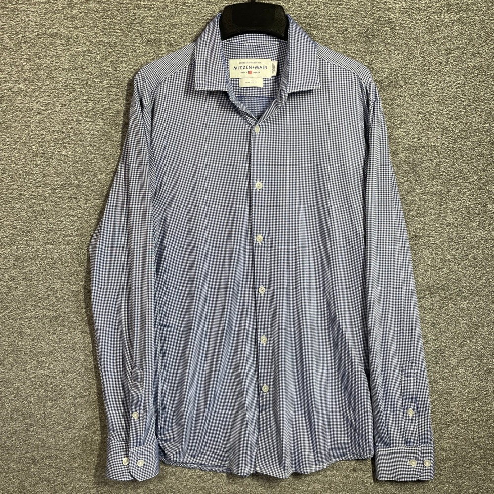 Mizzen + Main Spinnaker Blue White Gingham Trim Fit Performance Shirt Large